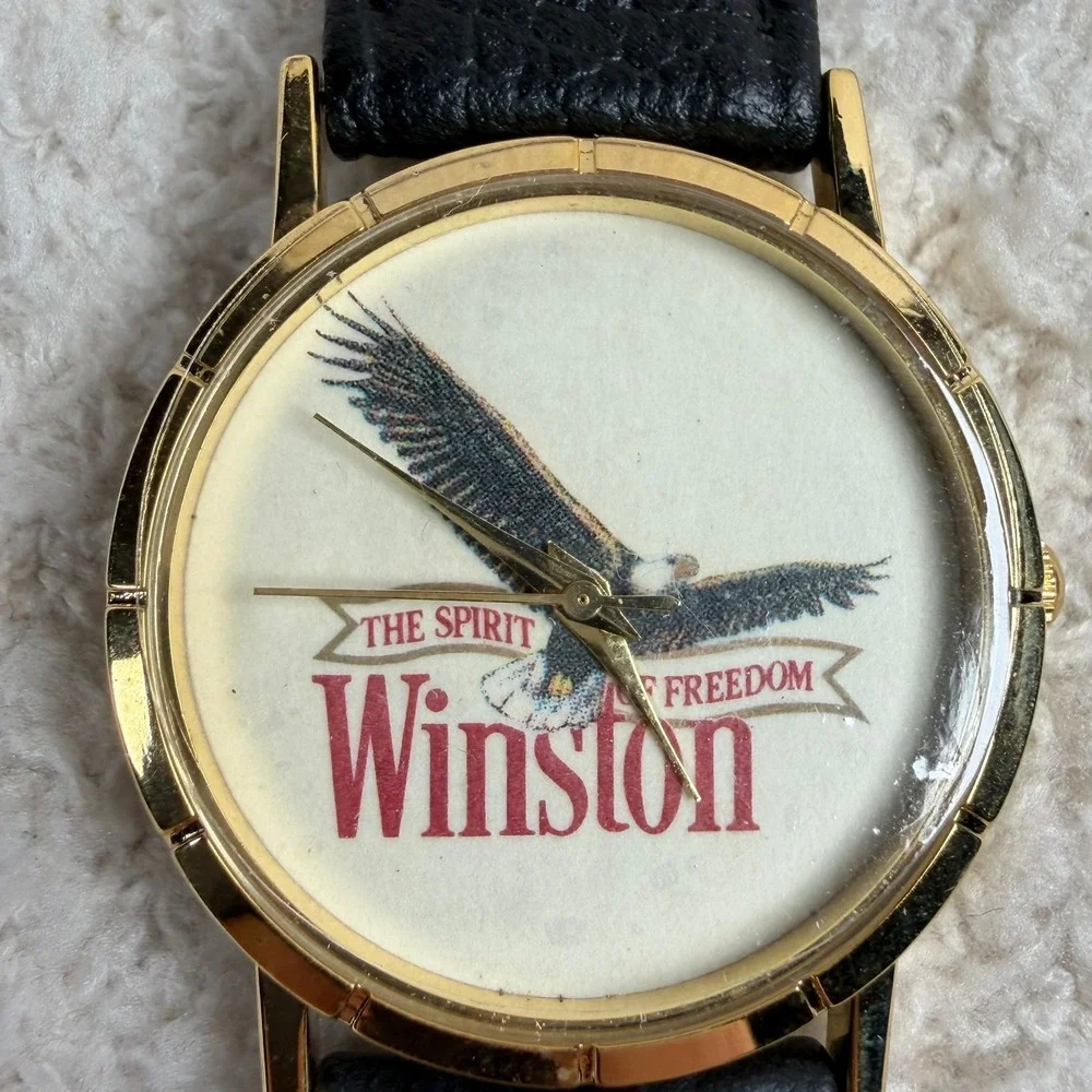Vintage Winston‎ The Spirit of Freedom Eagle Watch Gold Tone Black Leather Strap